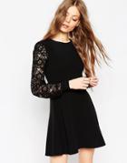Asos Long Lace Sleeve Skater Dress - Black