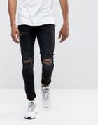 Dml Jeans Super Skinny Spray On Jeans With Busted Ripped Knees In Black - Black