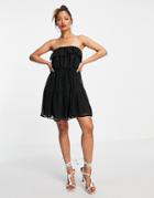 Asos Design Ruffle Bandeau Textured Mini Skater Dress With Belt In Black