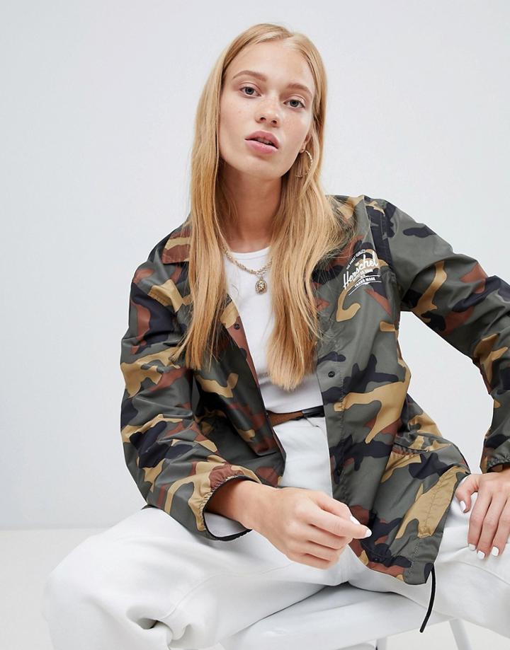 Herschel Voyage Packable Coach Jacket Back Logo Print In Camo - Green