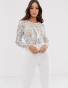Rare London Jumpsuit With Sequin Top And Tailored Pants In White And Silver - White