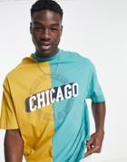 Asos Design Oversized T-shirt In Green And Yellow Color Block With Chicago City Print