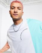Asos Design Oversized Long Sleeve T-shirt In Color Block With Chest Print-blues