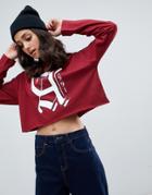 Asos Design Long Sleeve Cut Off Top With Varsity Print-red
