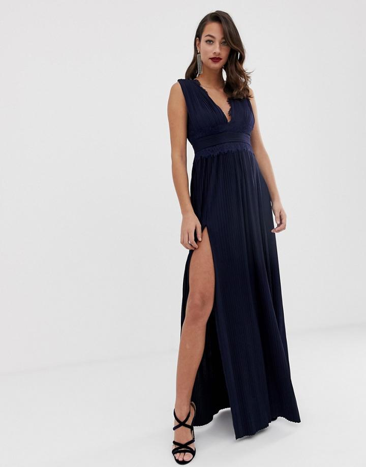 Asos Design Premium Lace Insert Pleated Maxi Dress - Navy