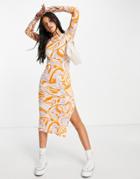 Monki Ribbed Jersey Swirl Print Midi Dress In Orange And Lilac-multi