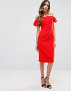 Asos Midi Bardot Dress In Natural Fibre - Orange
