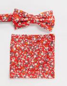 Ben Sherman Bow Tie And Pocket Square Set-red