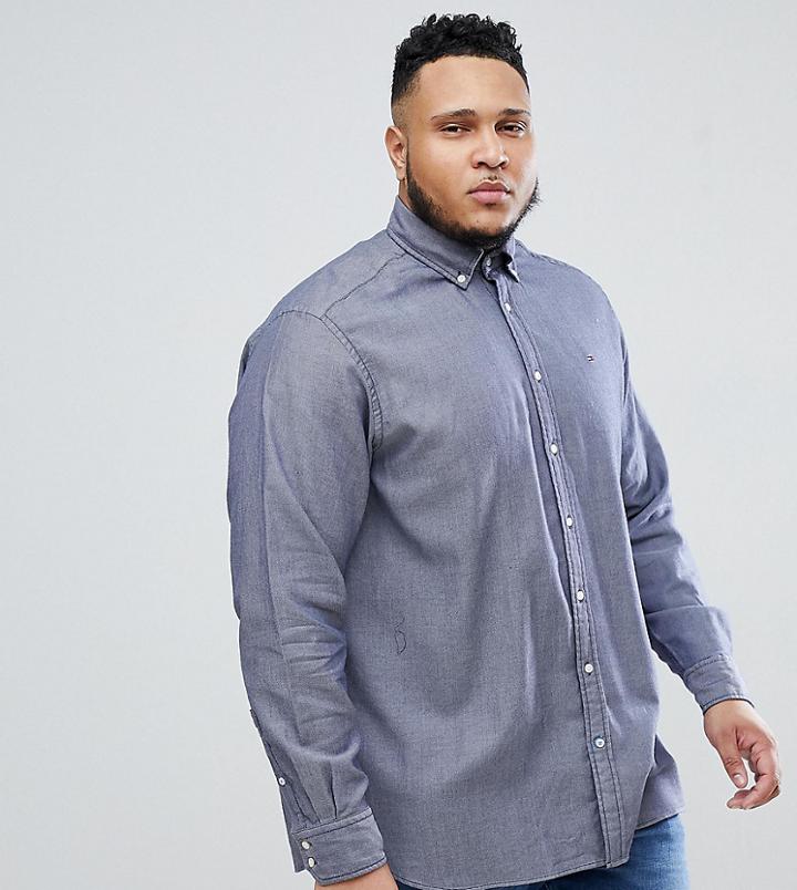 Tommy Hilfiger Plus Slim Fit Two Tone Dobby Button Down Collar Shirt With Flag Logo In Navy - Navy