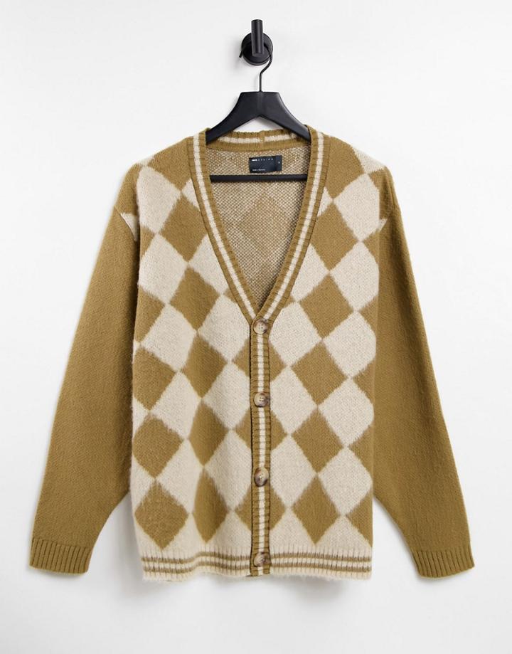 Asos Design Knit Argyle Cardigan In Brown