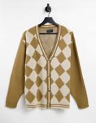 Asos Design Knit Argyle Cardigan In Brown