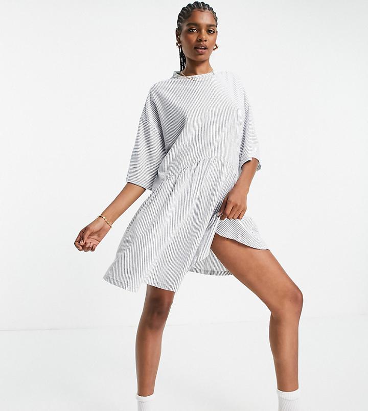 Asos Design Tall Oversized Mini Smock Dress With Dropped Waist In Navy And White Stripe