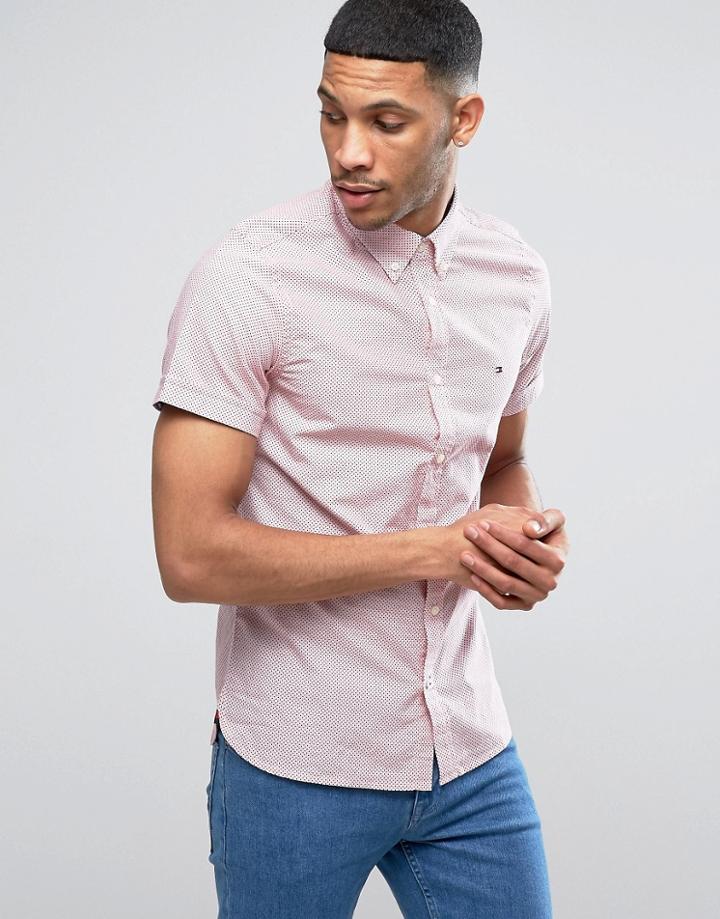 Tommy Hilfiger Short Sleeve Shirt Geometric Print Slim Fit Buttondown In Red - Red