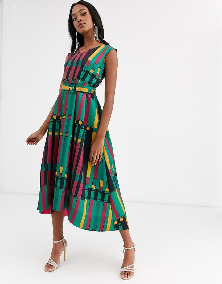 Closet London Belted High Low Midi Dress In Gold Multi