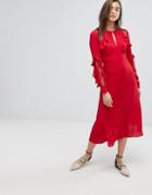 Warehouse Ruffle Lace Midi Dress - Red