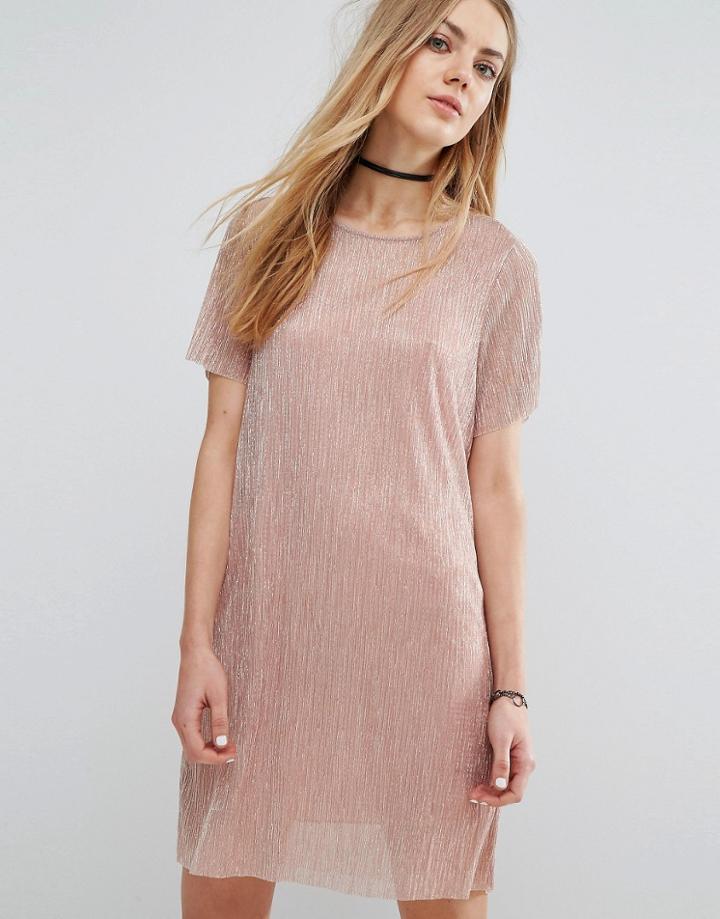 Pull & Bear Metallic Plisse T-shirt Dress - Pink