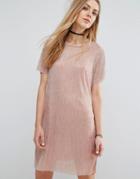 Pull & Bear Metallic Plisse T-shirt Dress - Pink