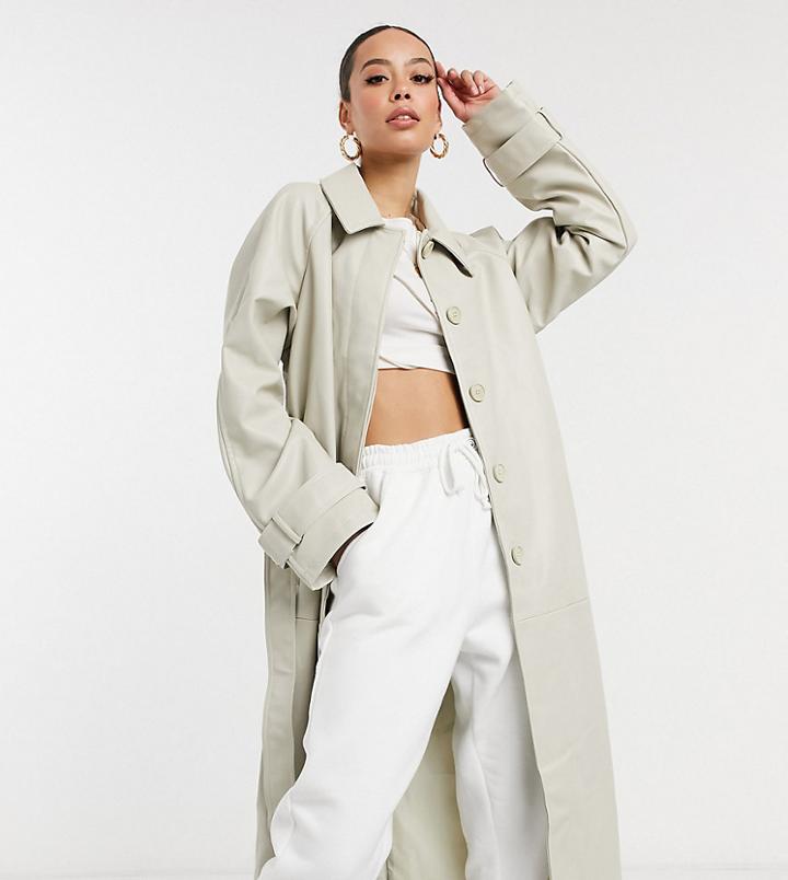 Asos Design Tall Collared Faux Leather Trench Coat In Putty-white