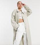Asos Design Tall Collared Faux Leather Trench Coat In Putty-white