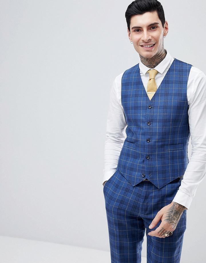 Gianni Feraud Slim Fit Wedding Check Vest - Navy