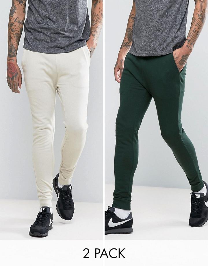 Asos Super Skinny Joggers 2 Pack Stone/green Save - Multi
