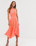 Warehouse Midi Dress With Tie Back In Coral - Red