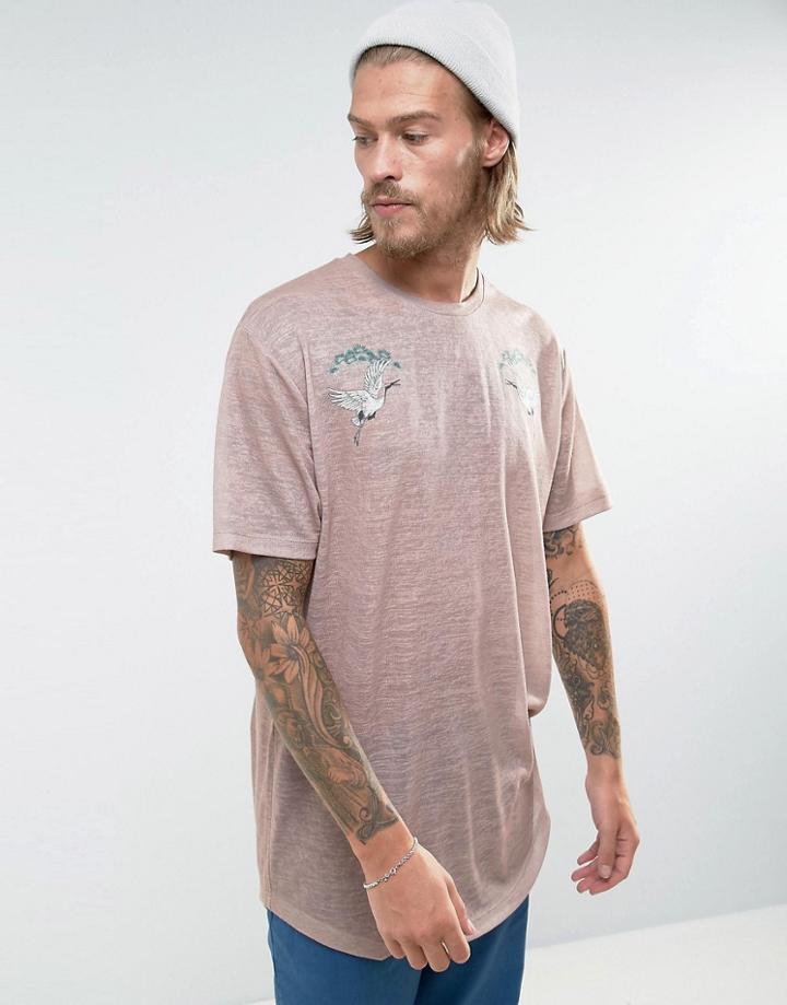 Asos Longline Linen Look T-shirt With Souvenir Crane Print - Beige