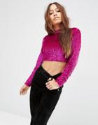 Asos Top With High Neck And Long Sleeves In All Over Sequin - Pink