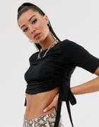 Na-kd Crew Neck Ruched Side T-shirt With Drawstrings In Black - Black