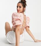 Collective The Label Puff Sleeve Backless Crop Top In Textured Rose Pink - Part Of A Set