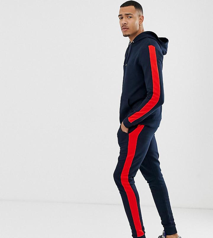 Asos Design Tall Tracksuit Hoodie/skinny Jogger With Side Stripe In Navy - Navy