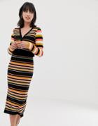 Asos Design Two-piece Skinny Rib Midi Skirt In Stripe - Multi