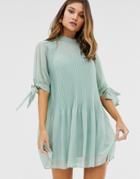 Asos Design Pleated Trapeze Mini Dress With Tie Sleeves - Green