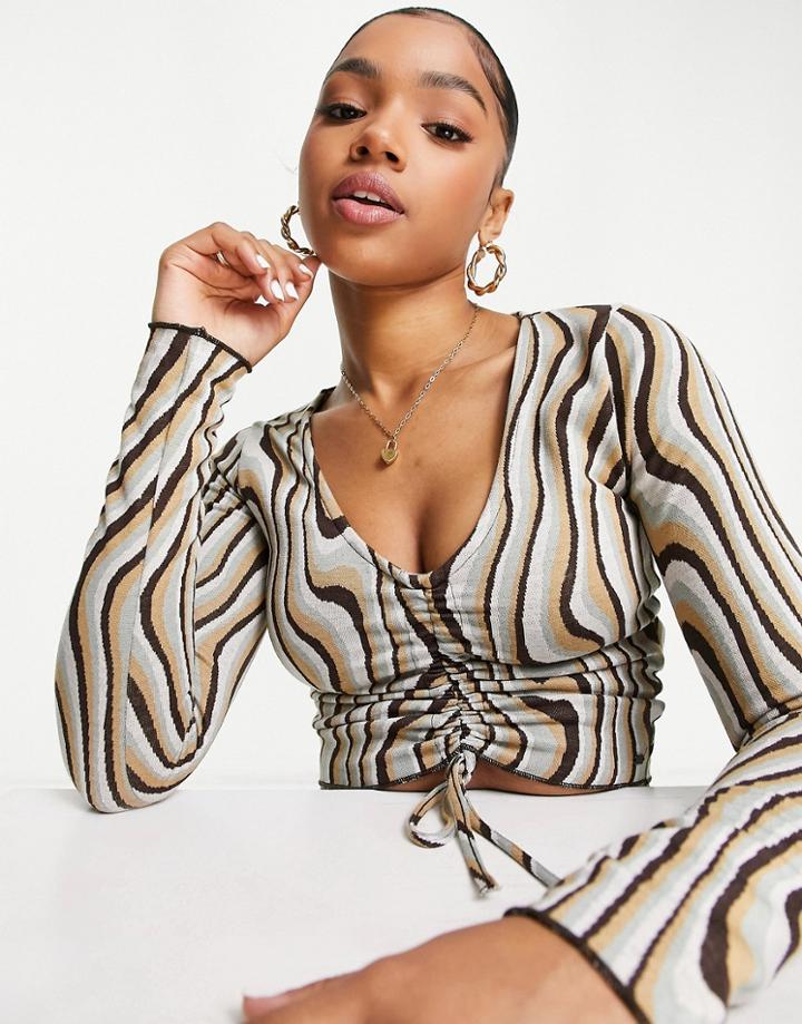 Pull & Bear Jacquard Retro Brown Stripe Long Sleeved Top