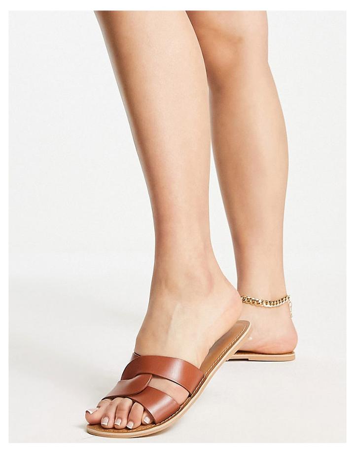 London Rebel Leather Slides In Tan-brown