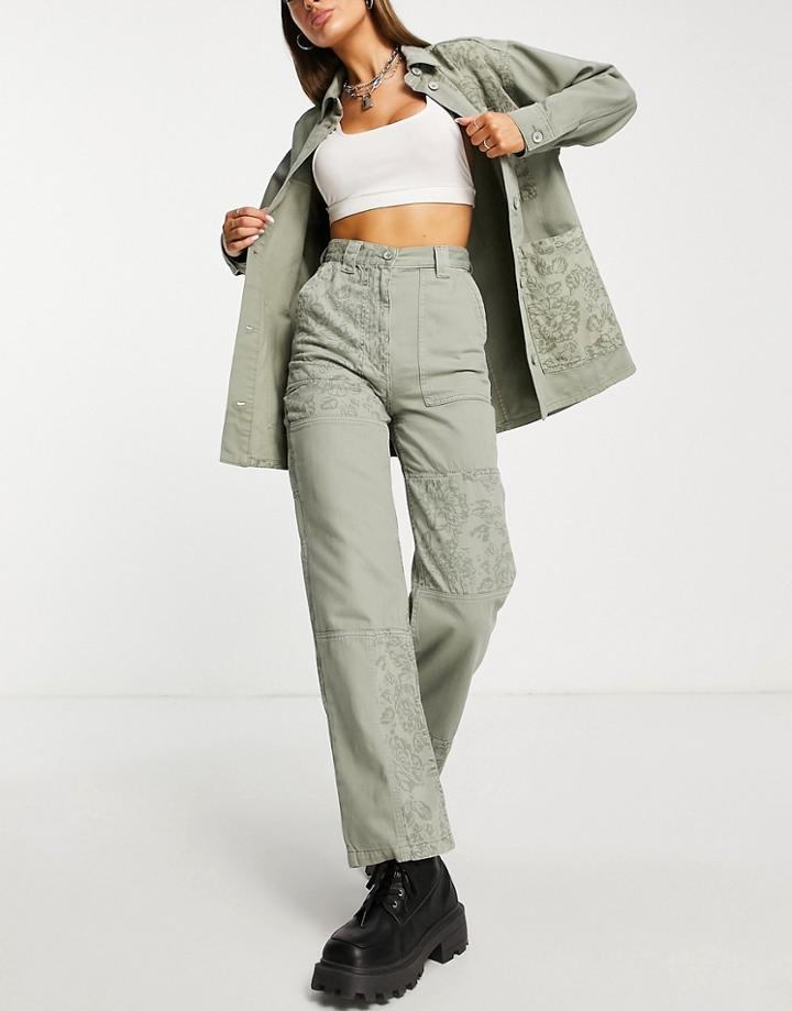 Topshop Set Straight Leg Pants With Floral Patchwork In Khaki-green