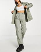 Topshop Set Straight Leg Pants With Floral Patchwork In Khaki-green