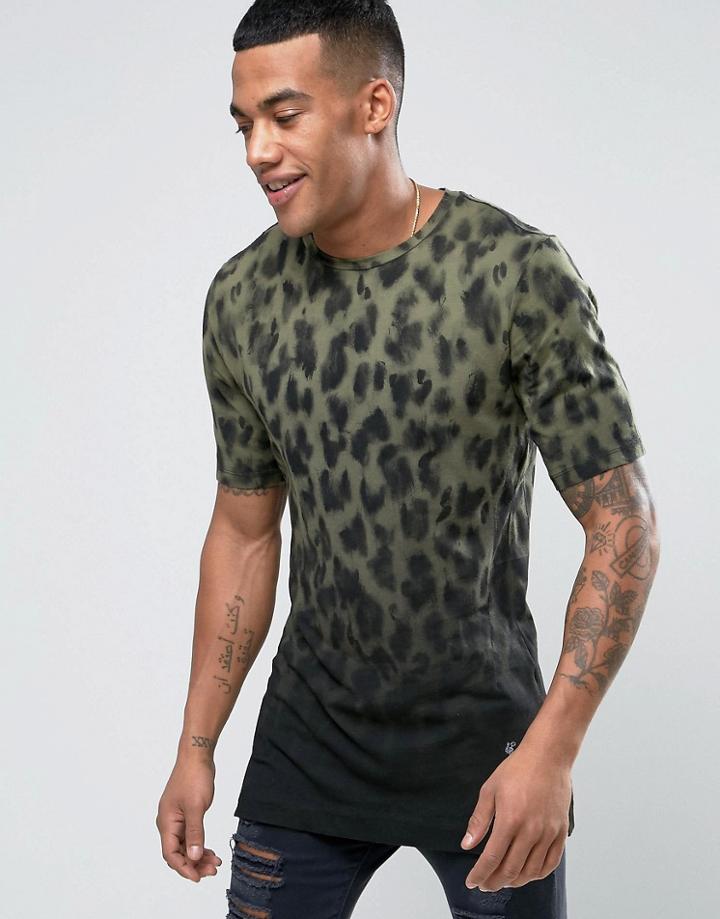 Religion T-shirt With Split Hem And Fading Animal Print - Green