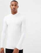 Asos Design Muscle Fit Long Sleeve Polo In White - White