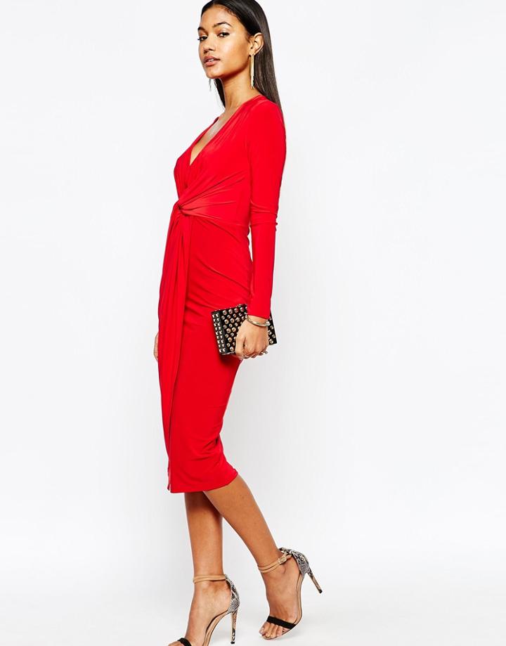 Club L Slinky Knot Detail Midi Dress - Red