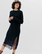 Lost Ink Knitted Sweater Dress With Contast Lace Hem - Navy