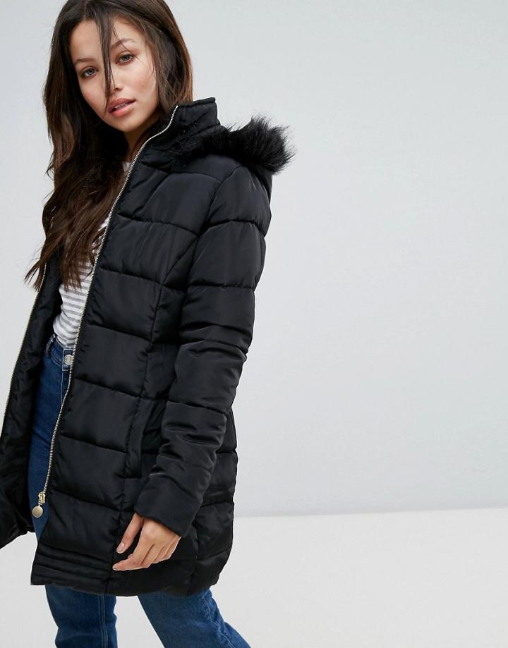 Brave Soul Mid Padded Belted Coat - Black