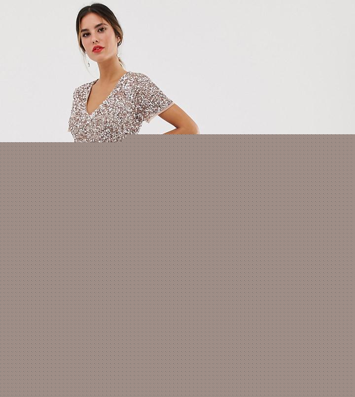 Maya Mesh All Over Scattered Sequin Pleated Maxi Dress In Soft Peach-pink