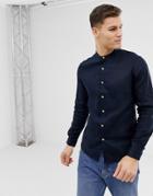 Asos Design Slim Fit Linen Mix Shirt With Grandad Collar In Navy