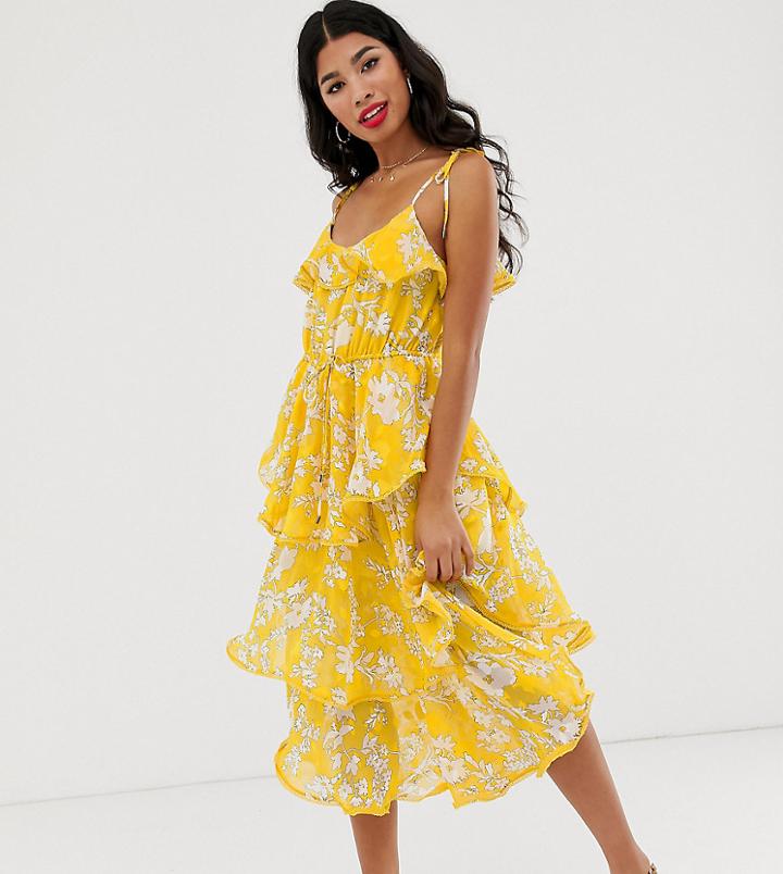 Dark Pink Tiered Frill Midi Dress In Yellow Floral - Yellow
