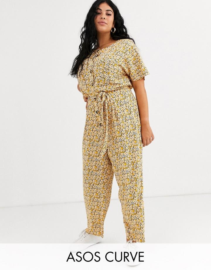 Asos Design Curve Button Front Jumpsuit In Vintage Floral Print - Multi