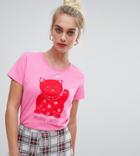 Daisy Street Relaxed T-shirt With Feline Lucky Graphic - Pink