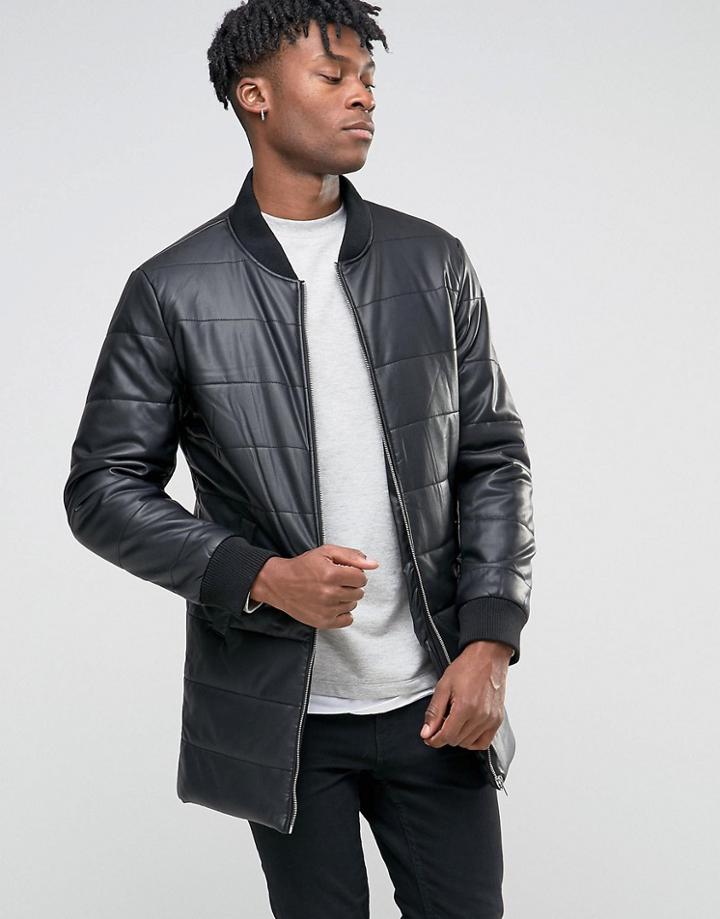 Bl7ck Longline Padded Jacket In Leather Look - Black