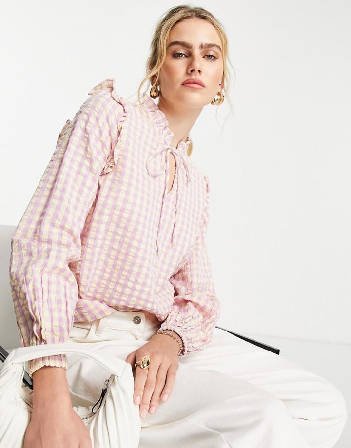 Vero Moda High Neck Tie Detail Blouse In Pink And Yellow Check-purple