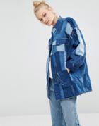 Monki Patchwork Oversized Denim Jacket - Blue